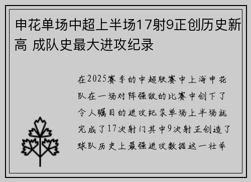 申花单场中超上半场17射9正创历史新高 成队史最大进攻纪录