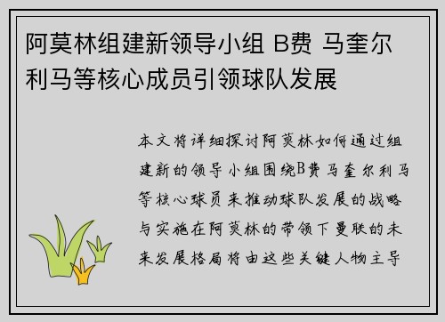 阿莫林组建新领导小组 B费 马奎尔 利马等核心成员引领球队发展