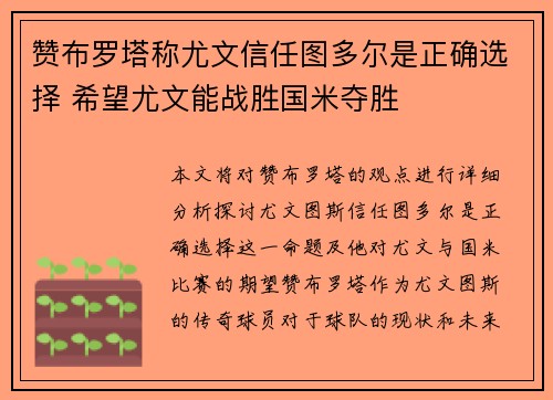 赞布罗塔称尤文信任图多尔是正确选择 希望尤文能战胜国米夺胜